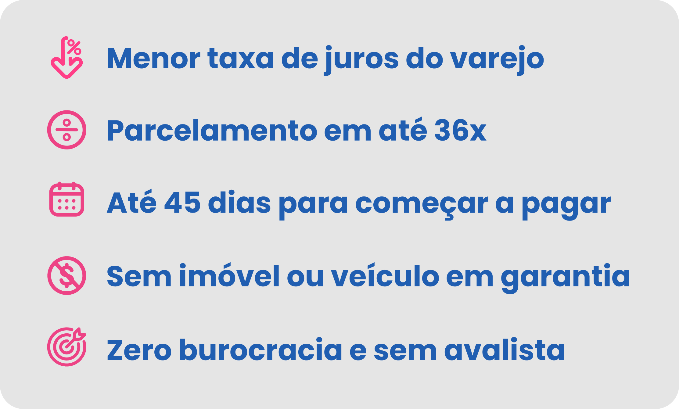 Menor taxa de Juros do Varejo. Parcelamento em até 36x. Até 45 dias para começar a apgar. Sem imóvel ou veiculo em garantia Zero burocracia e sem avalista